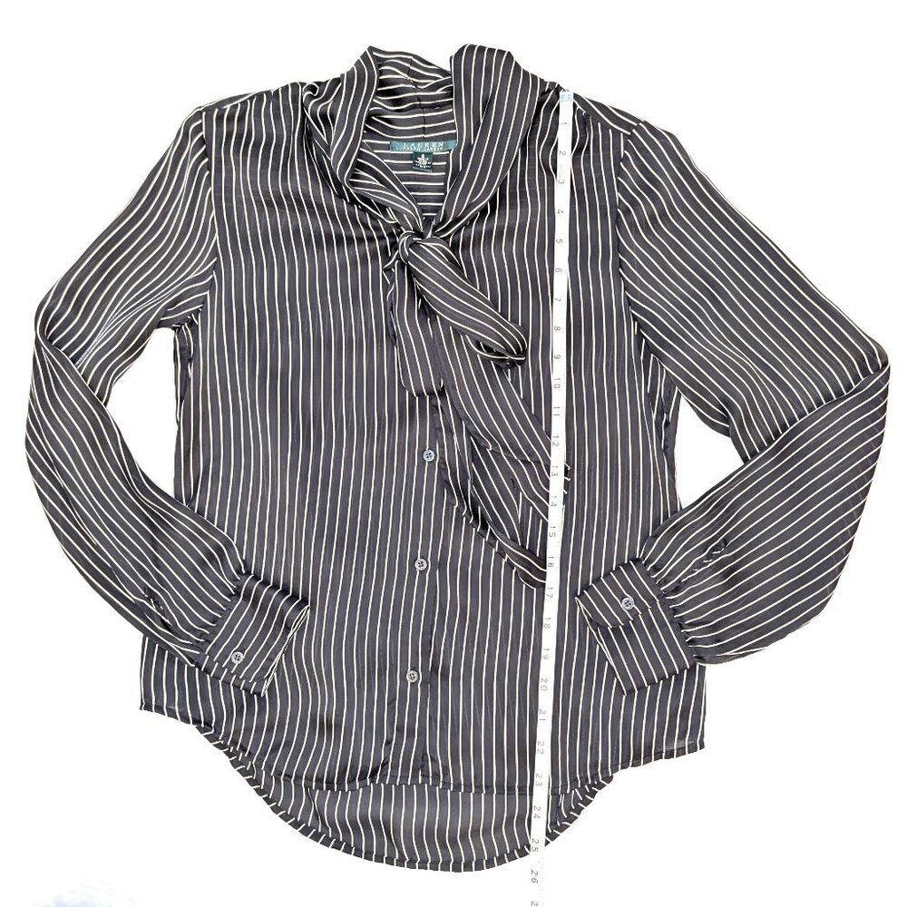 LAUREN Ralph Lauren | 100% Silk Striped Button Down Blouse with Bow | Size 6 - Picture 10 of 12
